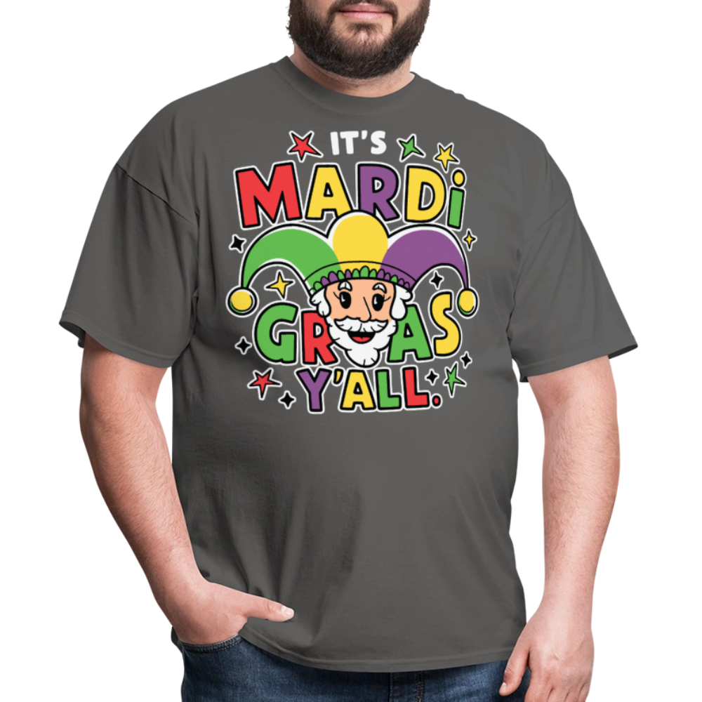 Funny Mardi Gras Party Shirt With Jester Festive Mardi Gras Y’all T-shirt - charcoal