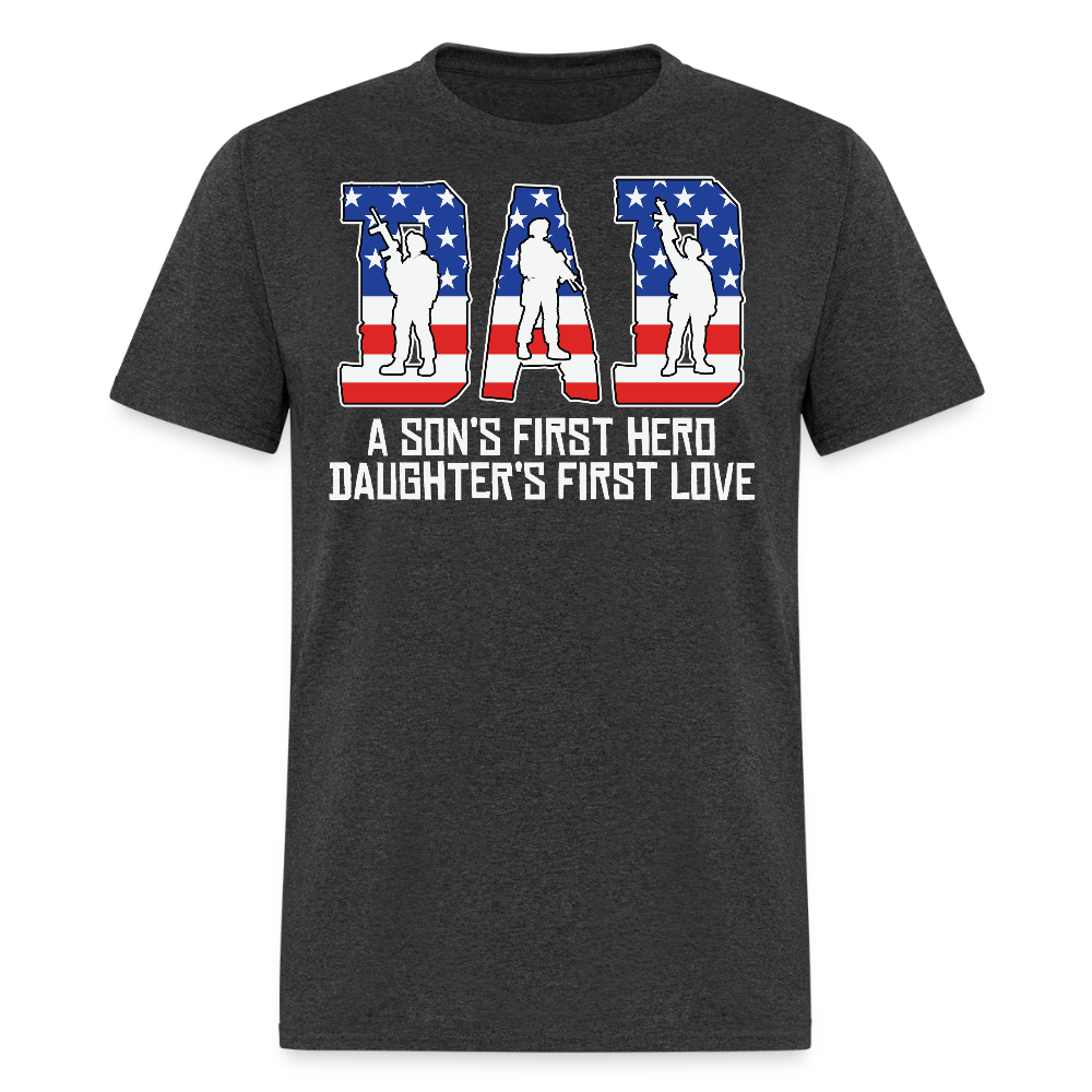 Military Dad Tee American Flag Patriotic Fathers T-shirt - heather black