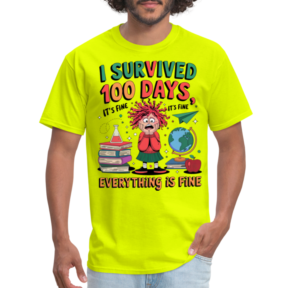 I Survived 100 Days of School Shirt - Funny Teacher and Student Celebration Unisex T-Shirt - safety green