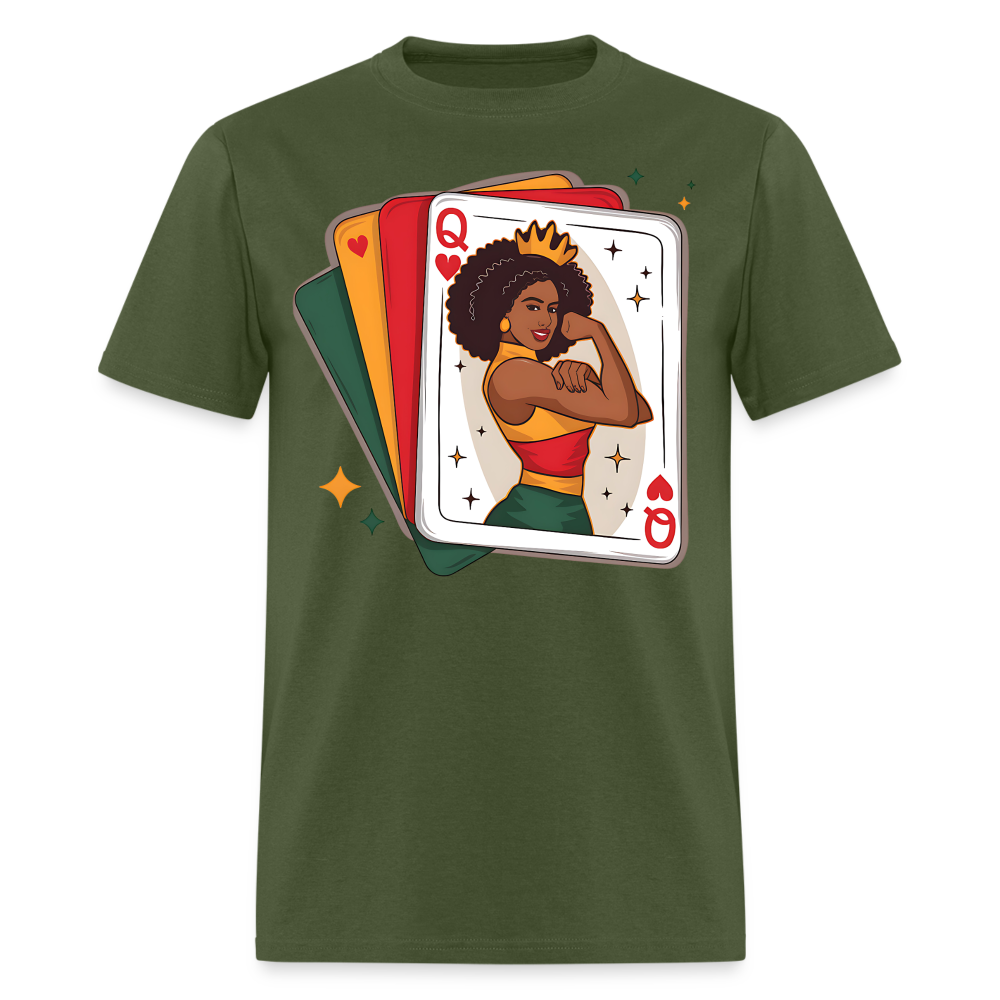 African American Queen Graphic Tee Black Queen Playing Card T-shirt - military green