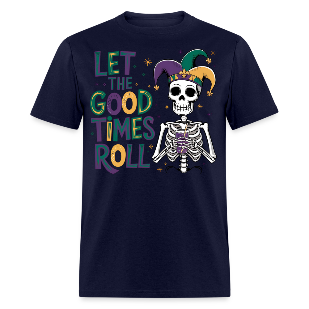 Let the Good Times Roll Mardi Gras Tee Funny Skeleton Jester Hat T-shirt - navy