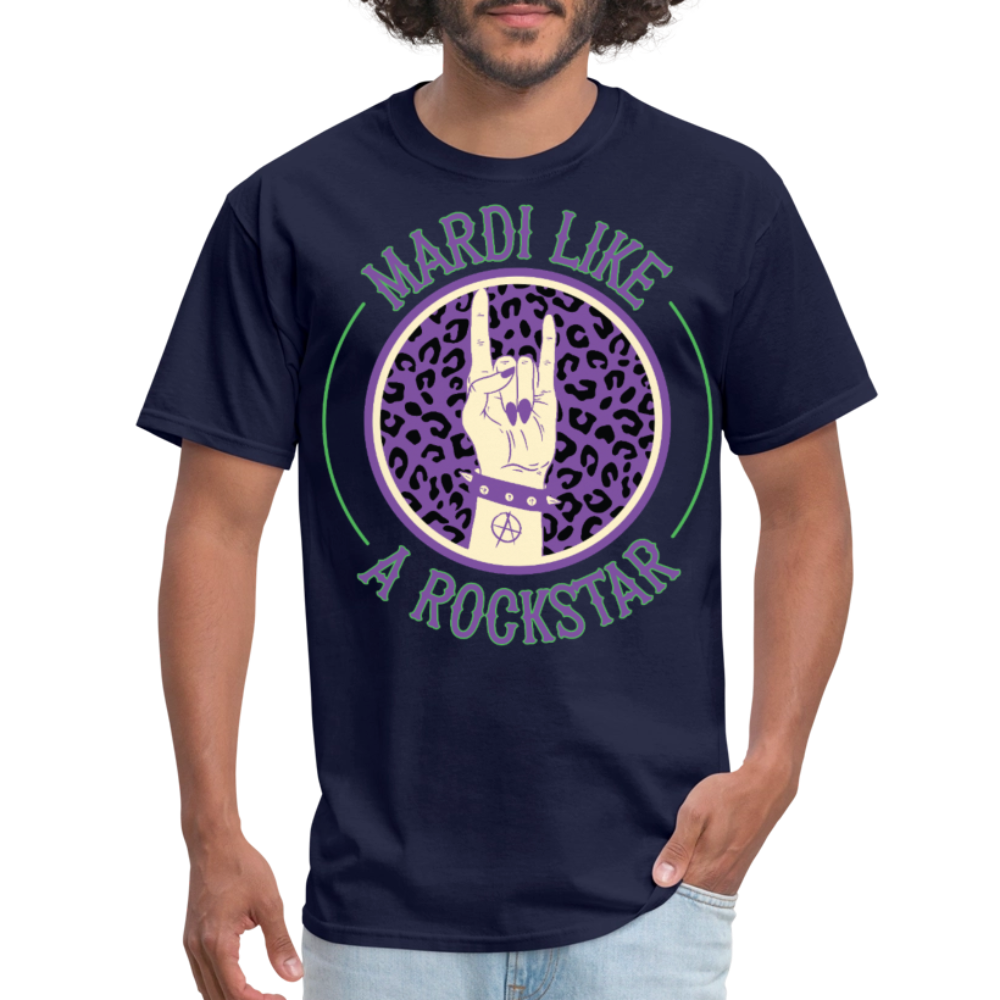 Leopard Print Rock Hand Gesture Tee Mardi Gras Rockstar T-shirt - navy