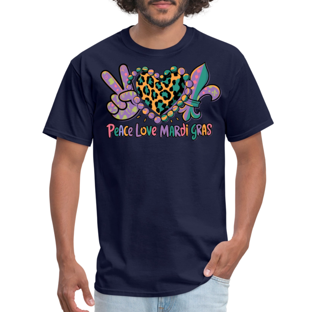 Peace Love Mardi Gras Graphic Tee Colorful Festival T-shirt - navy