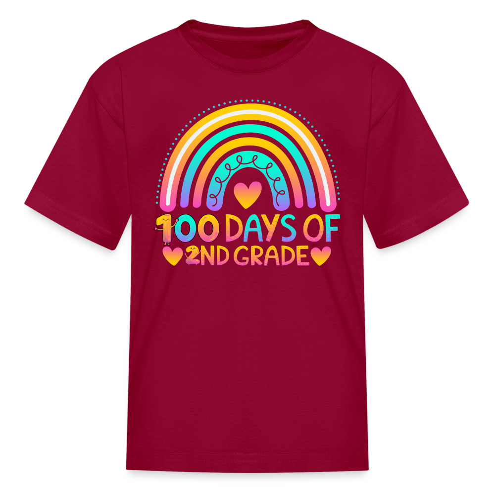 Rainbow & Heart Design for School Celebrations 100 Days of 2nd Grade Kid T-Shirt - dark red