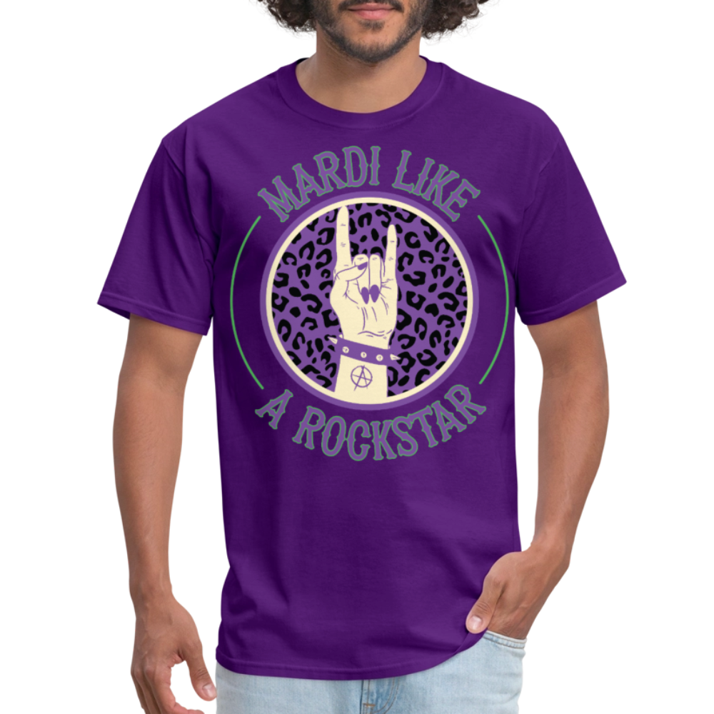 Leopard Print Rock Hand Gesture Tee Mardi Gras Rockstar T-shirt - purple