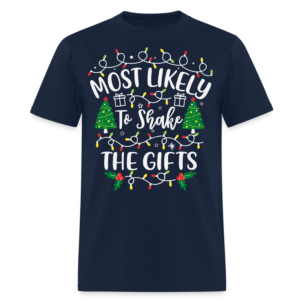 Most Likely To Shake The Gifts Funny Christmas T-Shirt - navy