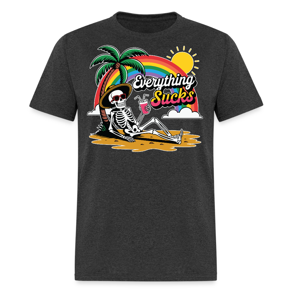 Everything Sucks Dark Humor Rainbow Skeleton T-shirt - heather black