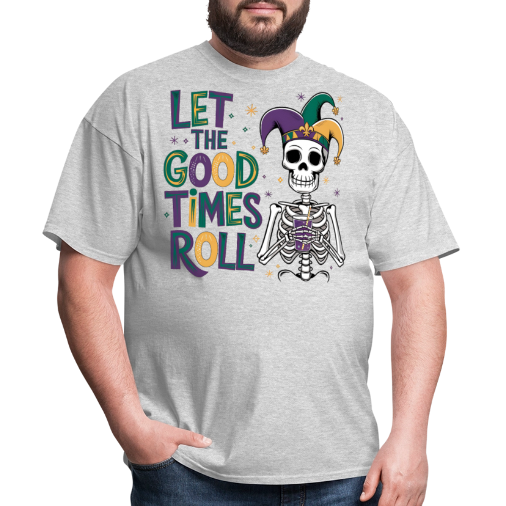 Let the Good Times Roll Mardi Gras Tee Funny Skeleton Jester Hat T-shirt - heather gray