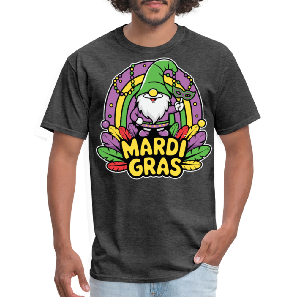 Cute Gnome Mardi Gras Shirt With Beads And Mask Colorful Festival Gnome T-shirt - heather black