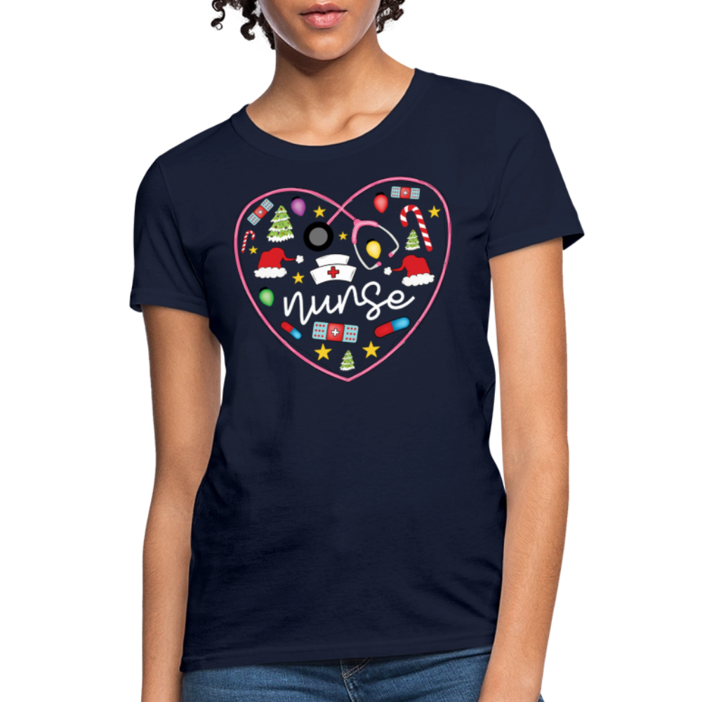 Nurse Heart Stethoscope Christmas T-Shirt - navy