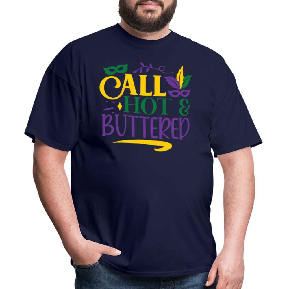 Funny Fat Tuesday Tee Hot & buttered Mardi Gras T-shirt - navy