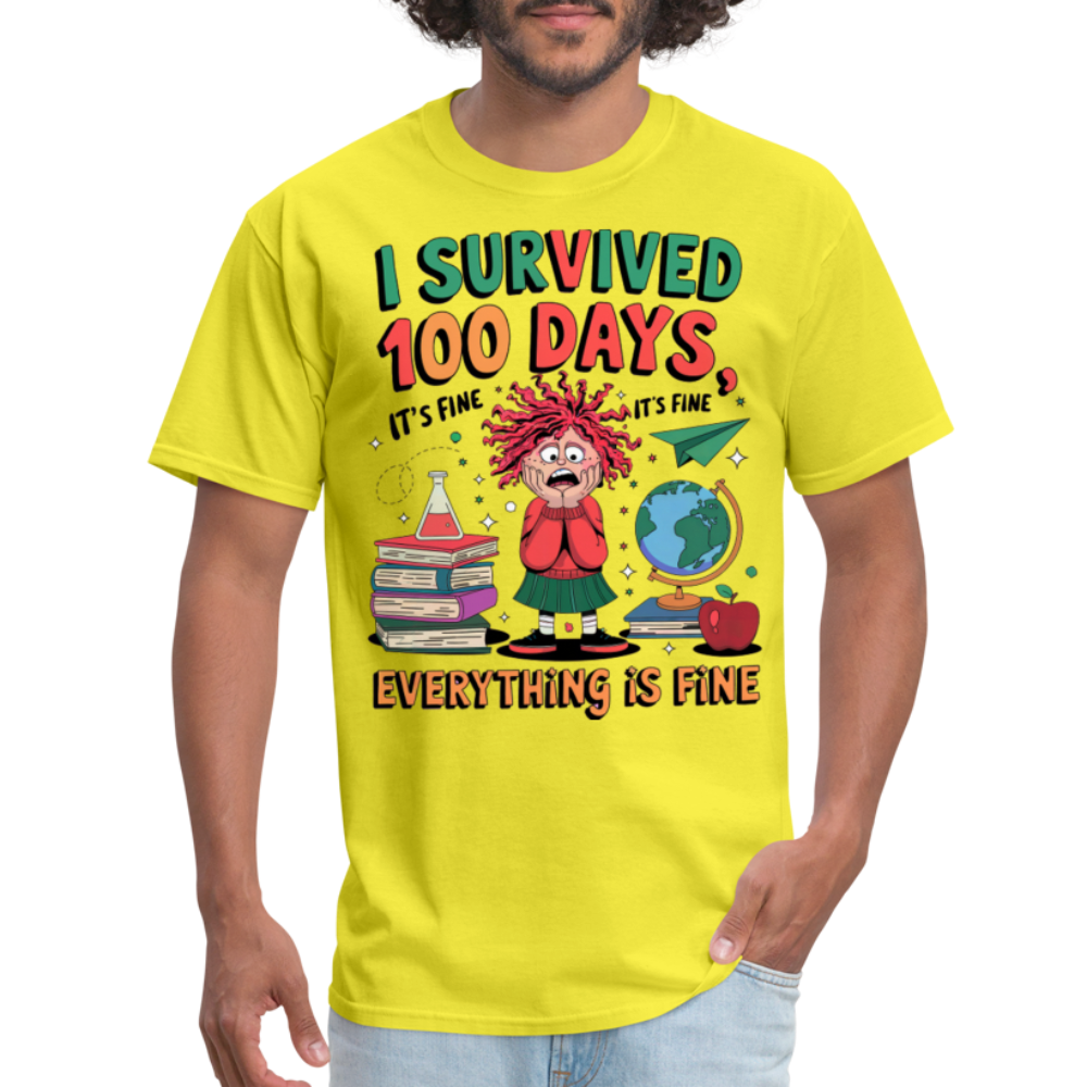 I Survived 100 Days of School Shirt - Funny Teacher and Student Celebration Unisex T-Shirt - yellow