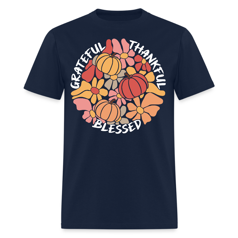 Grateful Thankful Blessed Pumpkin Thanksgiving T-Shirt - navy