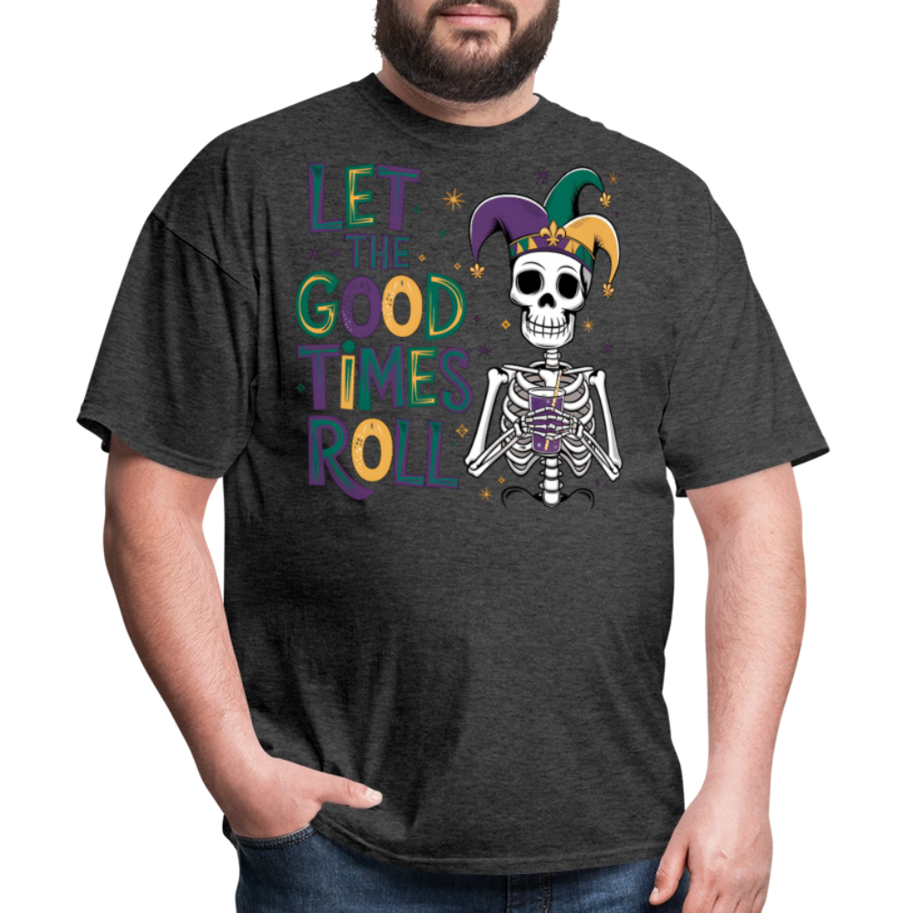 Let the Good Times Roll Mardi Gras Tee Funny Skeleton Jester Hat T-shirt - heather black