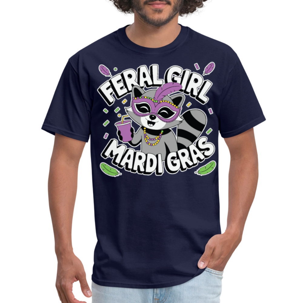 Feral Girl Mardi Gras Party Tee Raccoon Meme T-shirt - navy