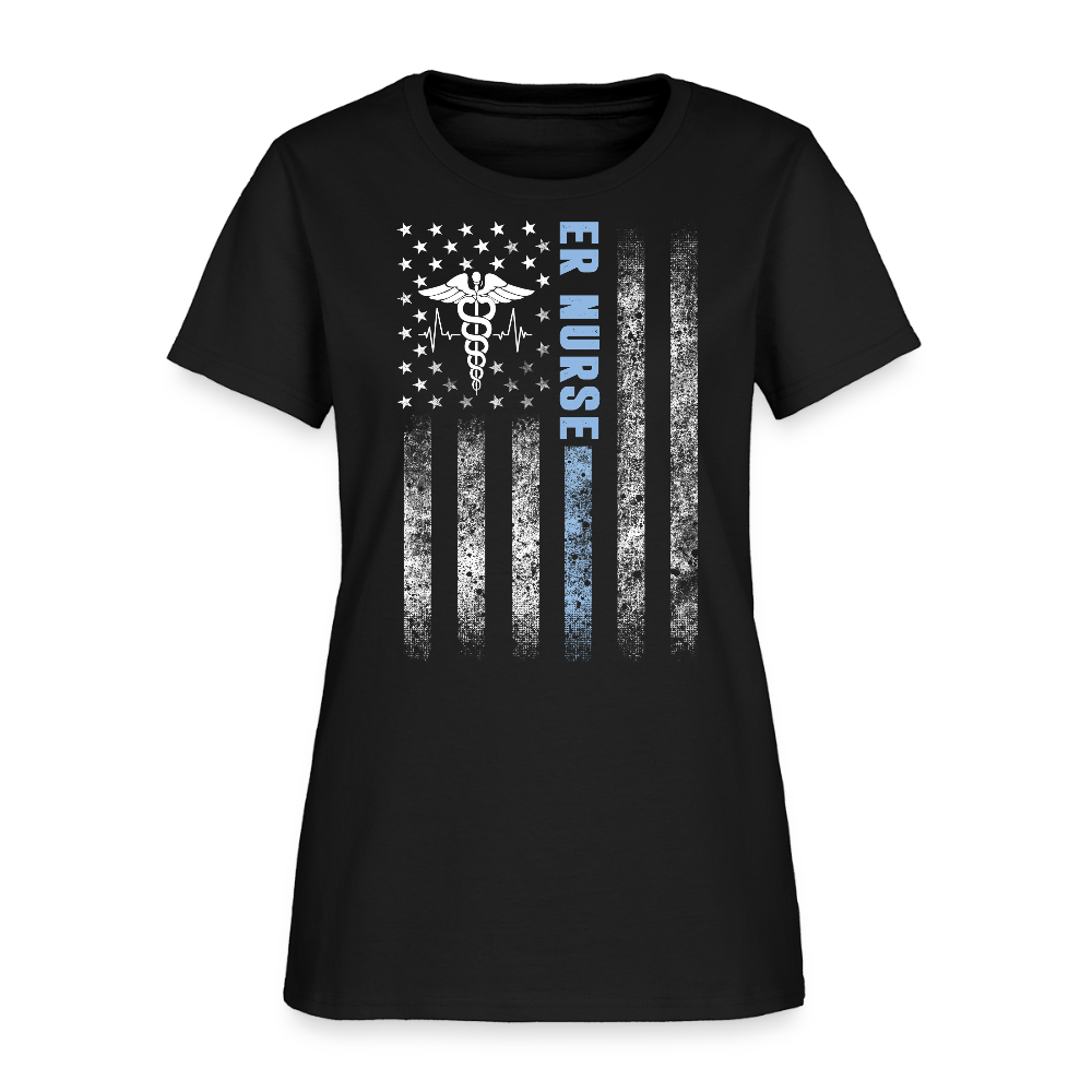 Blue Line ER Nurse American Flag T-Shirt - black