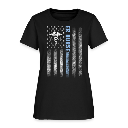 Blue Line ER Nurse American Flag T-Shirt - black