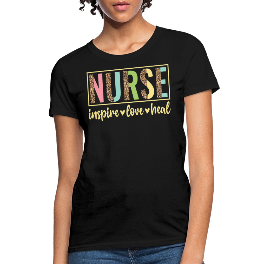 Nurse Inspire Love Heal Leopard Print T-Shirt - black