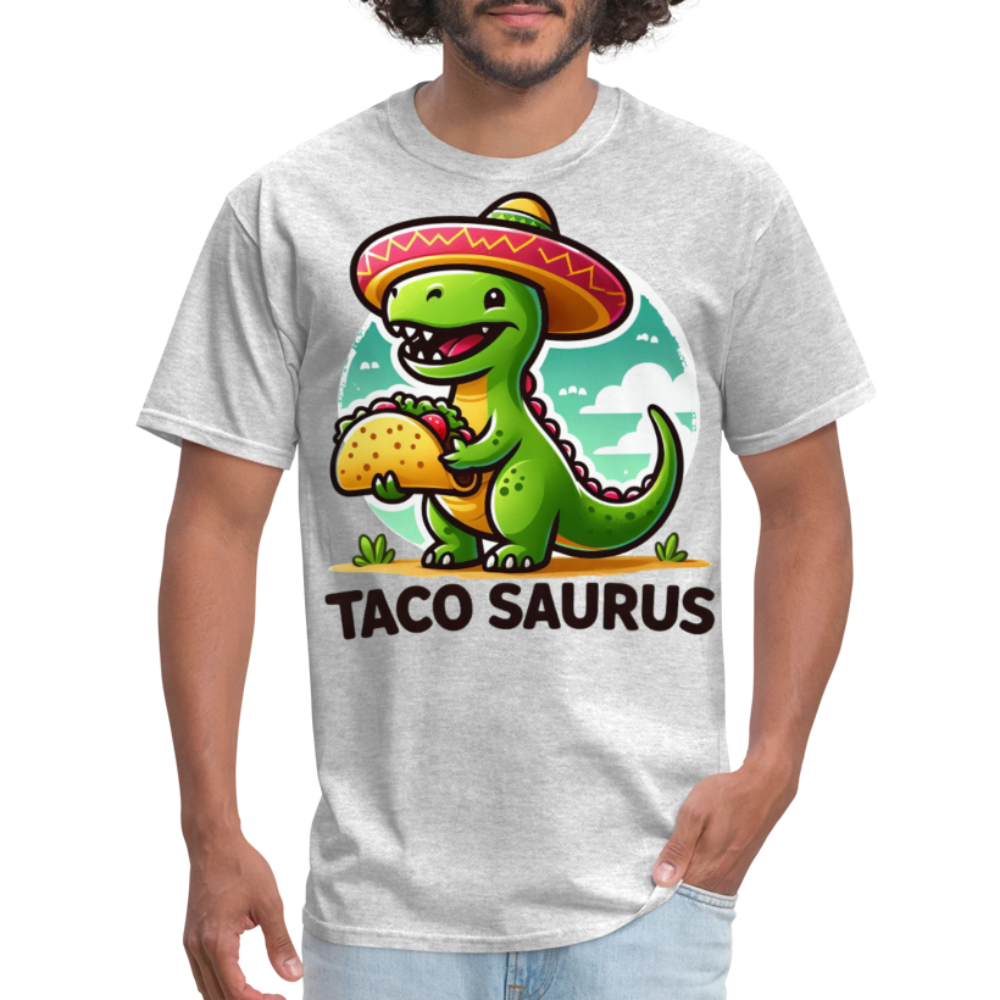 Cute Dino Holding A Taco Graphic Tee Funny Dinosaur Taco T-shirt - heather gray