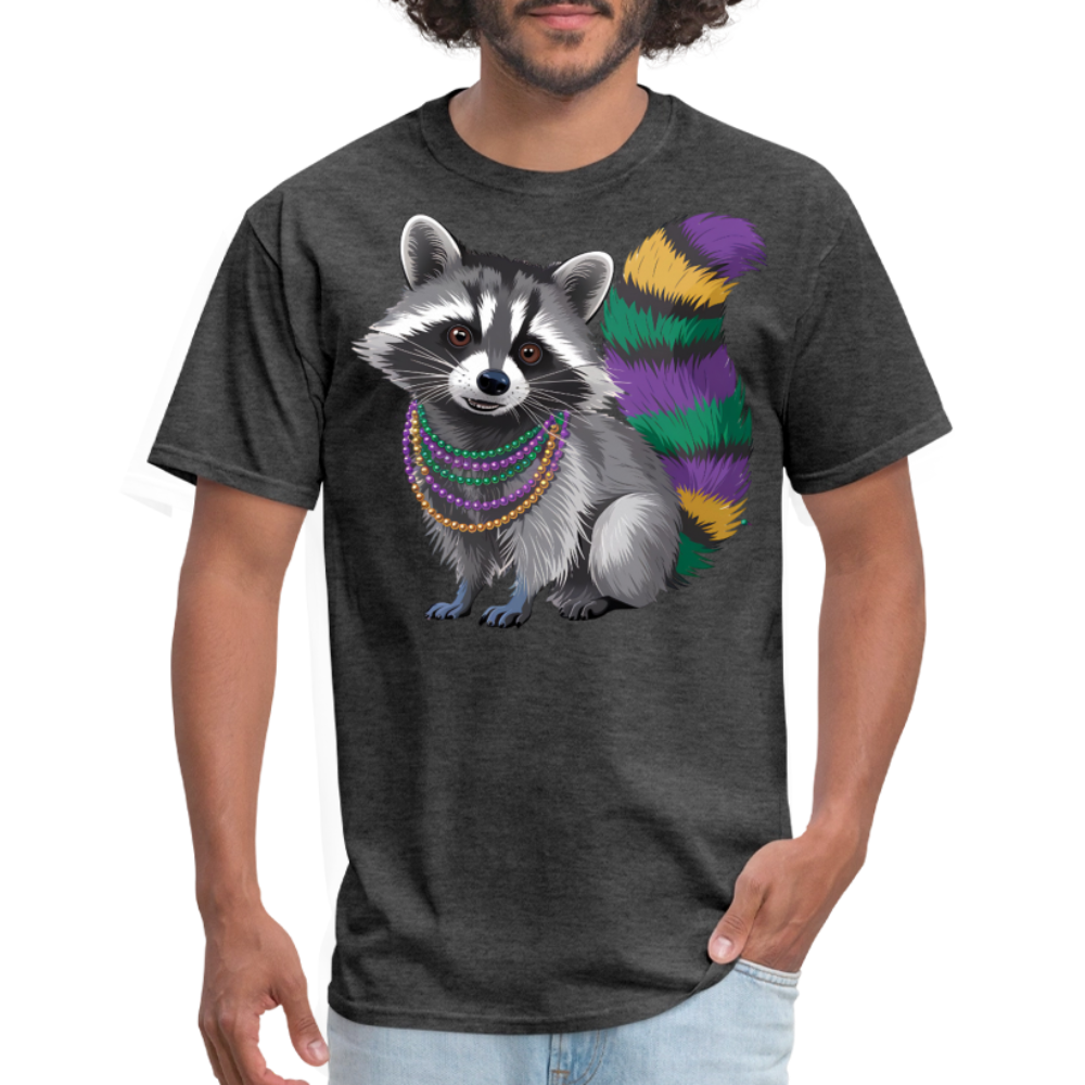 Cute Raccoon Mardi Gras Outfit With Beads Colorful Mardi Gras T-shirt - heather black