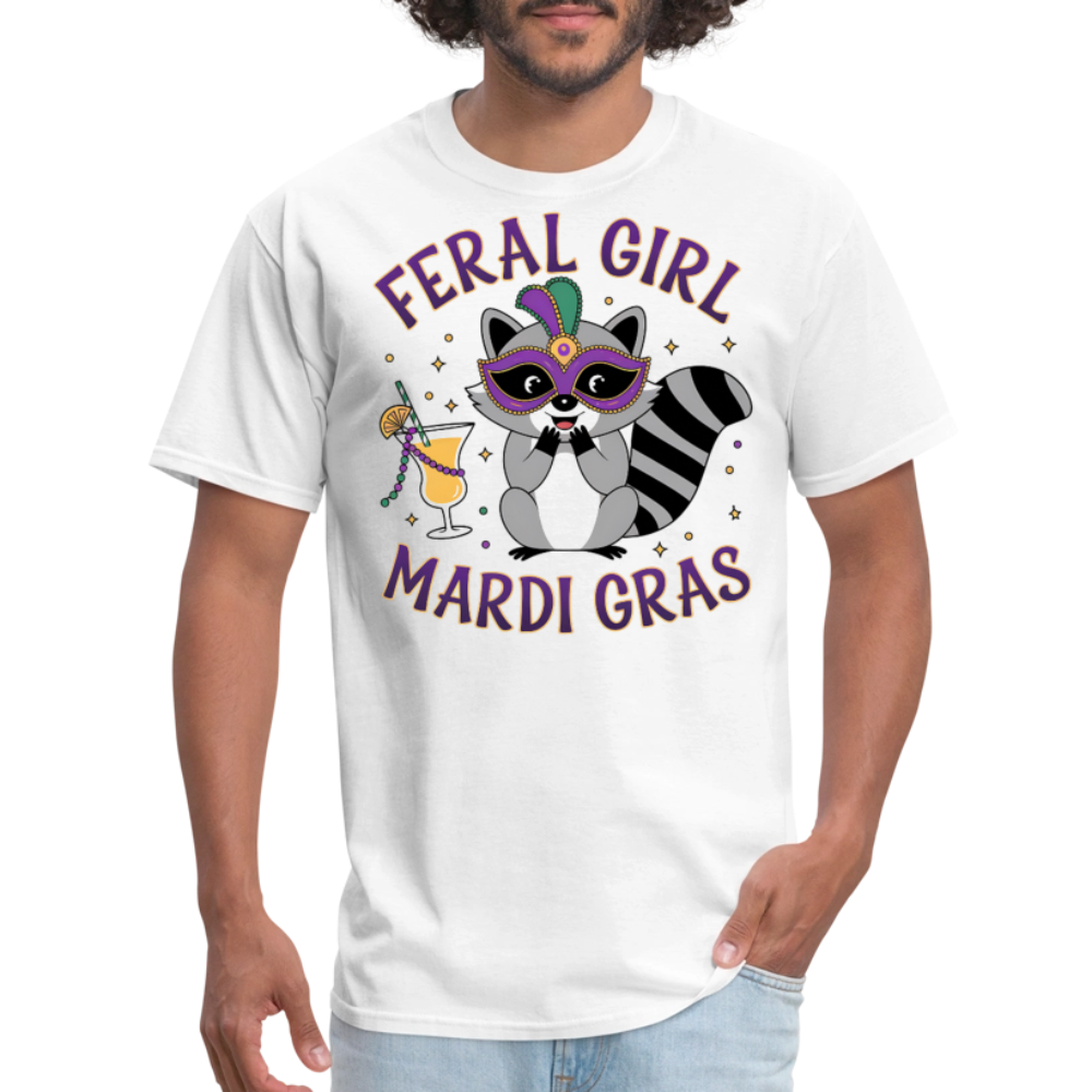 Feral Girl Mardi Gras Shirt Party Animal Raccoo T-shirt - white