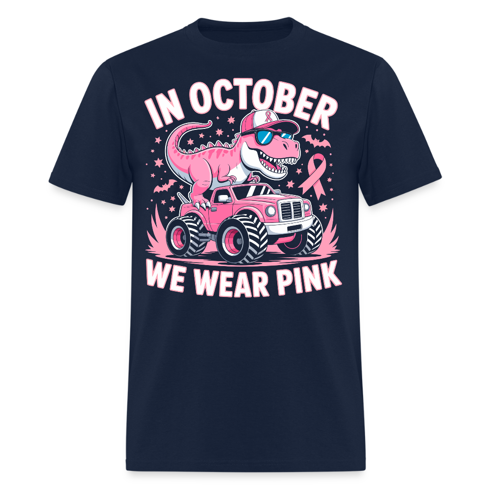 In October We Wear Pink Dinosaur Monster Truck T-Shirt - navy