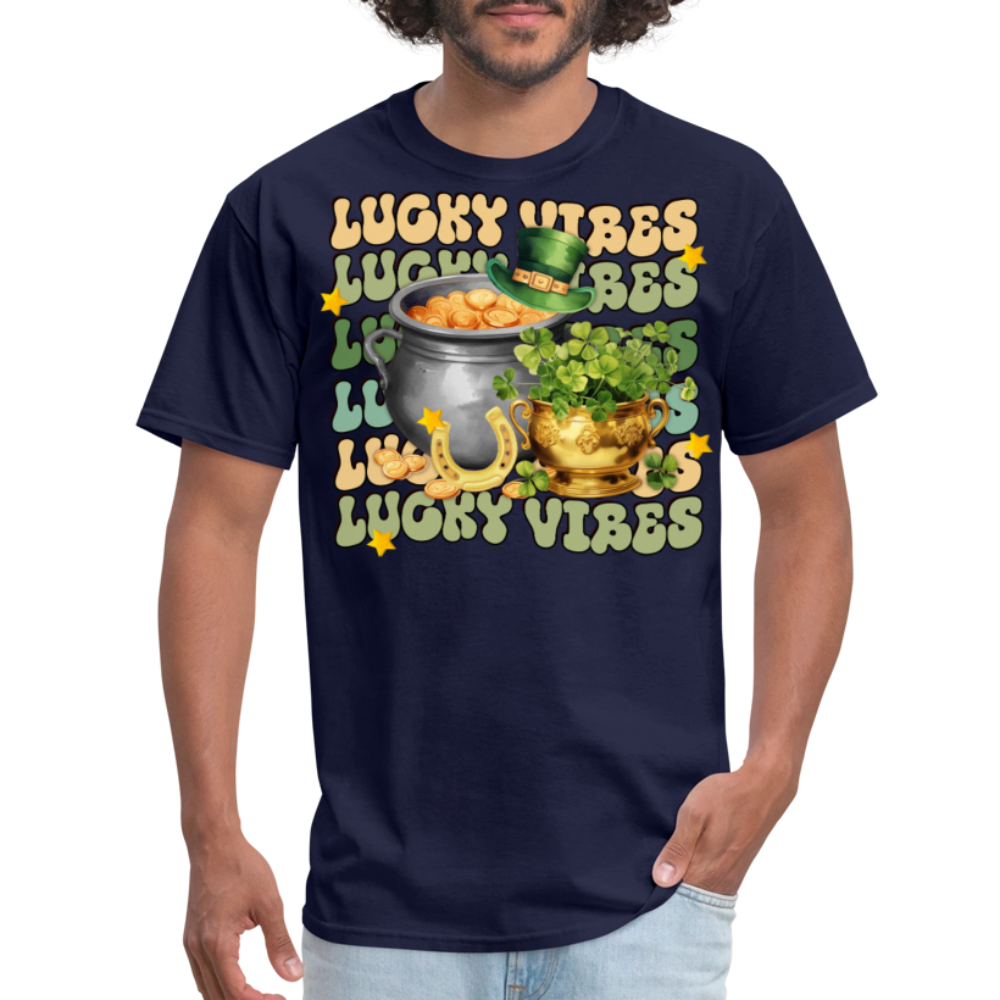 Retro-style St Patrick's Day Lucky Vibes T-shirt - navy