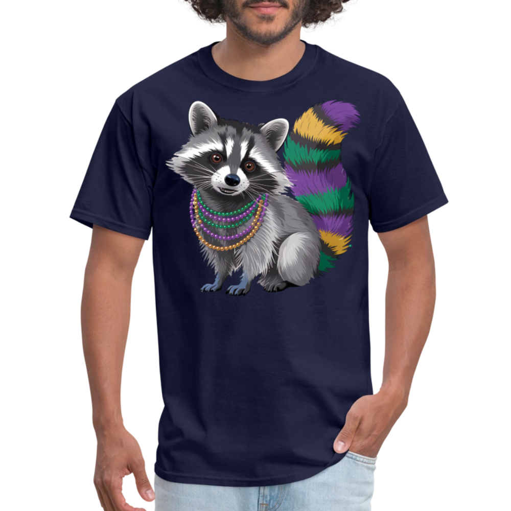 Cute Raccoon Mardi Gras Outfit With Beads Colorful Mardi Gras T-shirt - navy