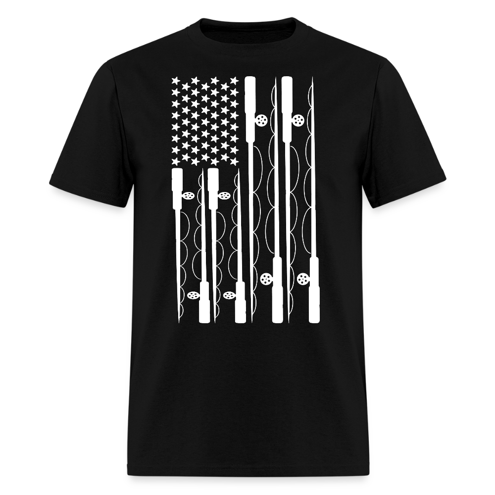Fishing Rod and Reel American Flag T-shirt - black