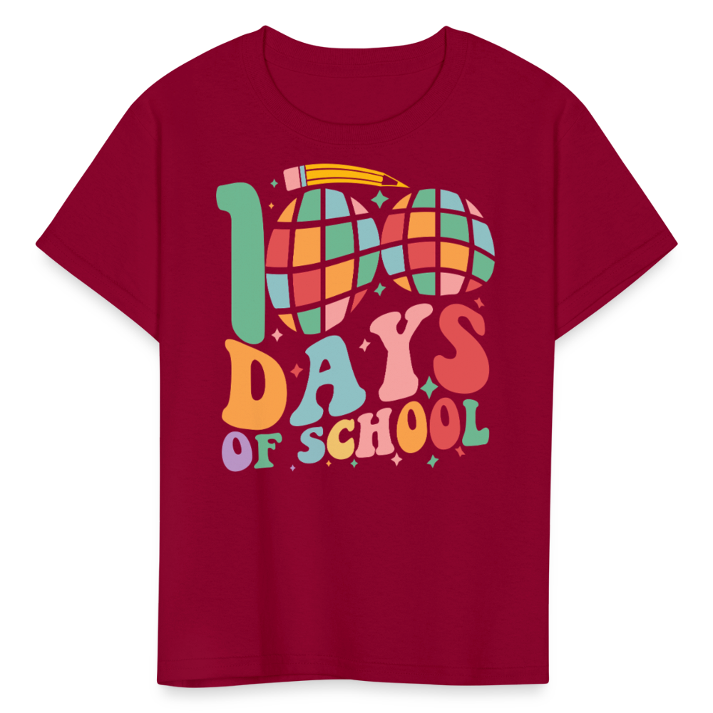 Retro 100 Days Of School Disco Ball Kids T-Shirt - dark red