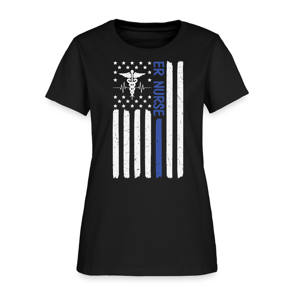 ER Nurse Blue Line Medical American Flag T-Shirt - black