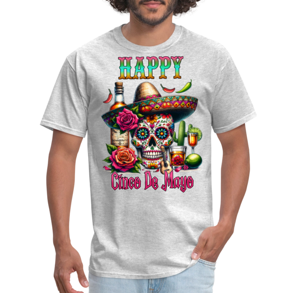 Mexican Fiesta Outfit With Skull And Roses Cinco de Mayo Skull T-shirt - heather gray