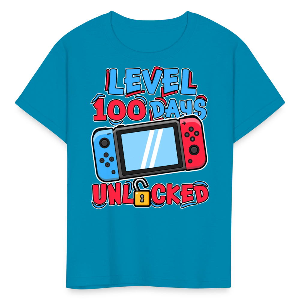 100 Days Unlocked Video Game Tee Gaming Milestone Kids T-shirt - turquoise