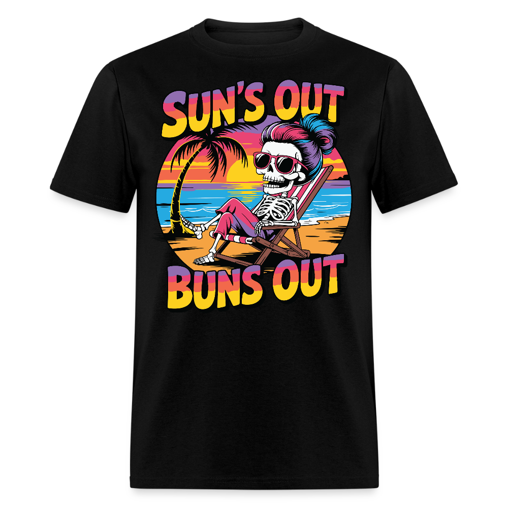 Sun's Out Buns Out Beach Funny Skeleton Summer T-shirt - black