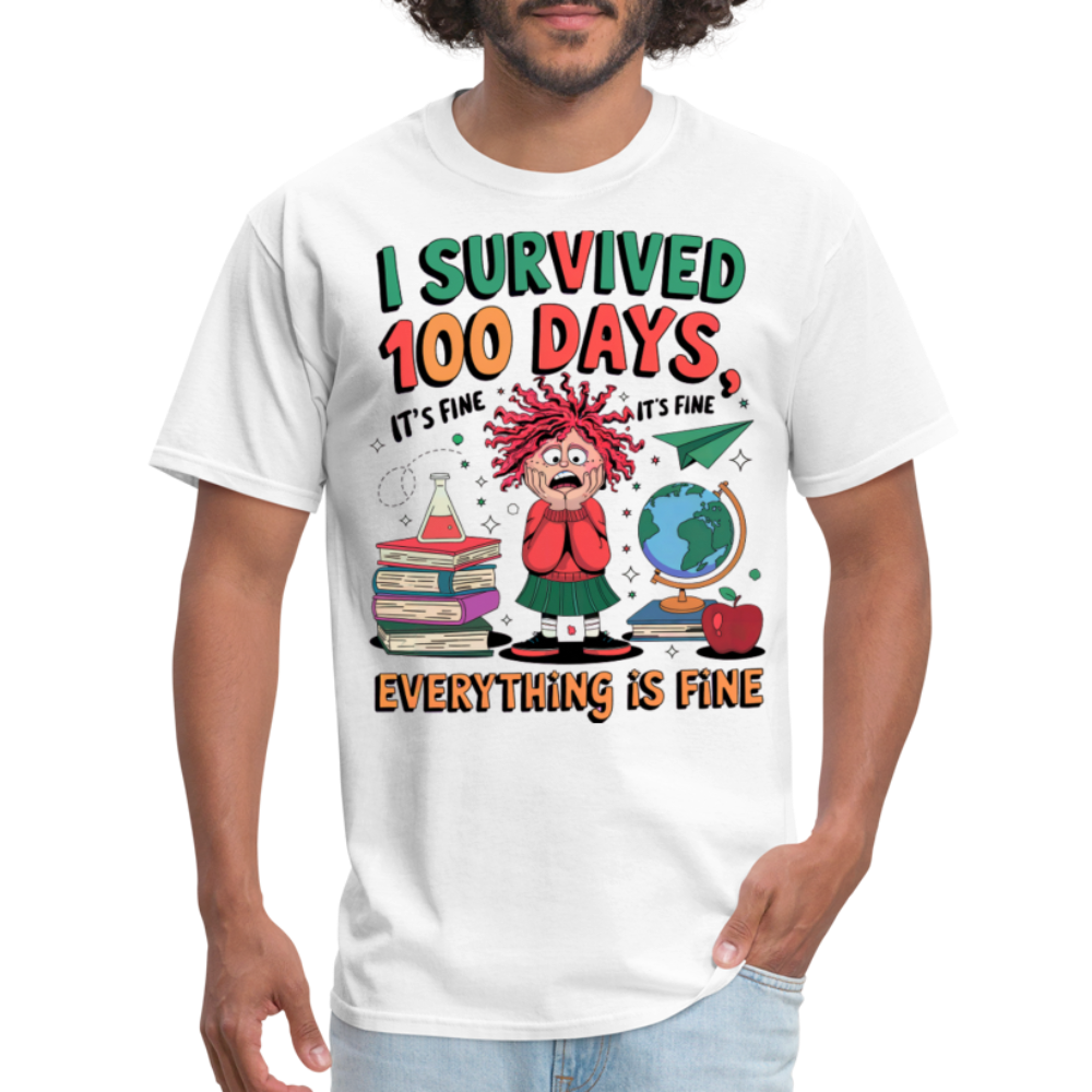 I Survived 100 Days of School Shirt - Funny Teacher and Student Celebration Unisex T-Shirt - white