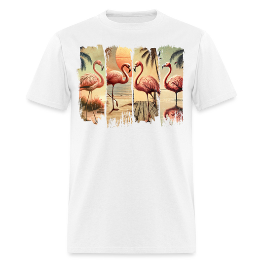 Vintage Tropical Flamingo Sunset Beach T-shirt - white