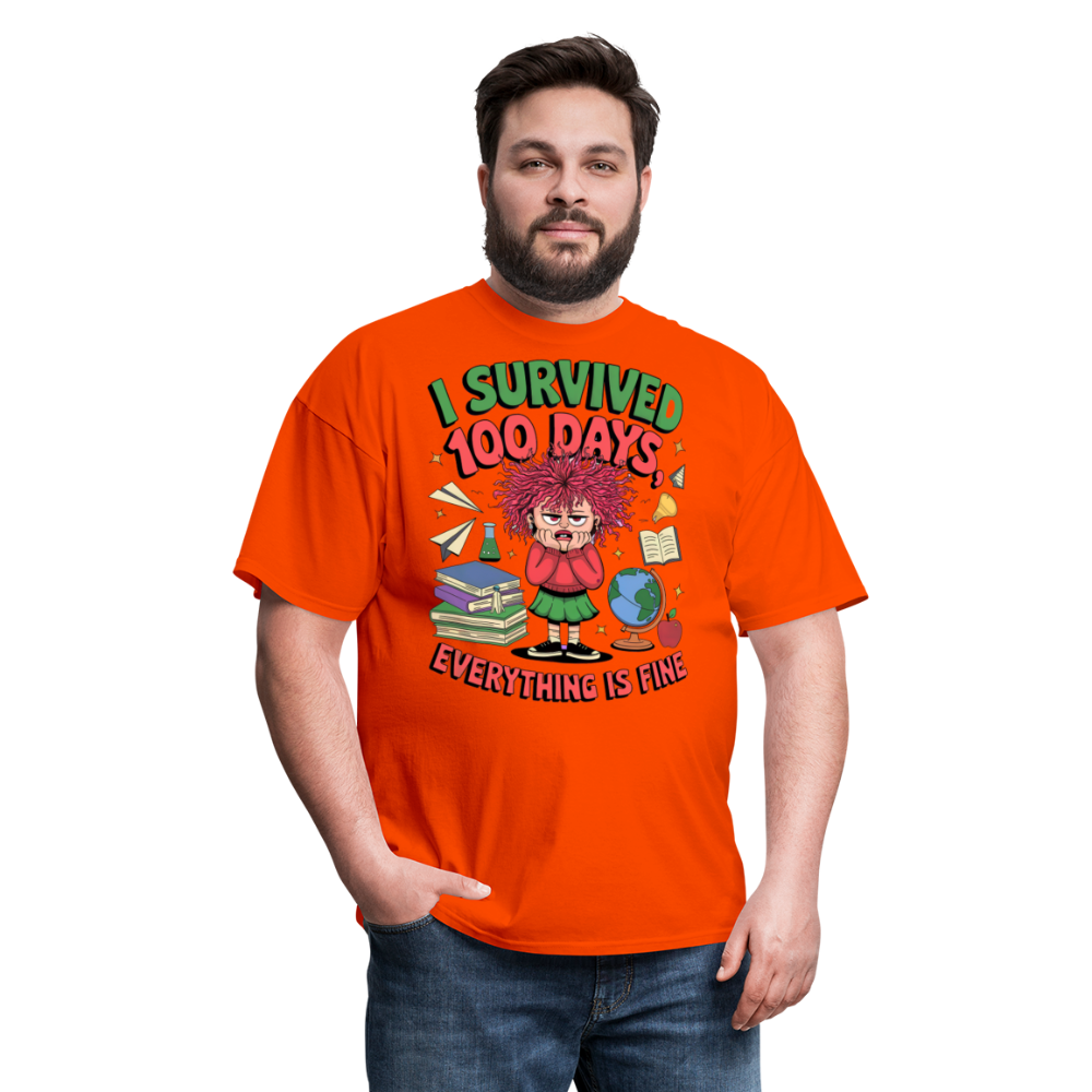 I Survived 100 Days Everything is Fine Tee Funny School Anniversary T-Shirt - orange