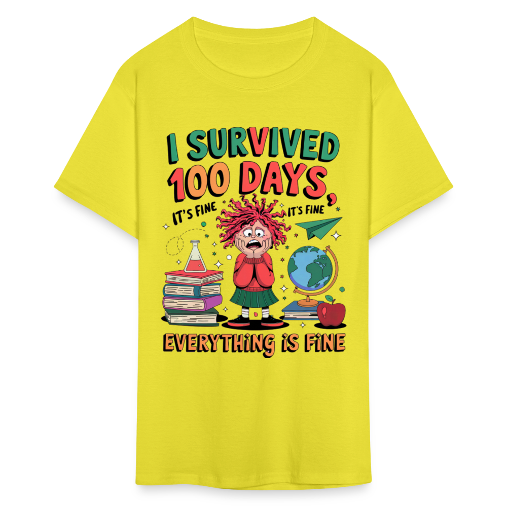 I Survived 100 Days of School Shirt - Funny Teacher and Student Celebration Unisex T-Shirt - yellow