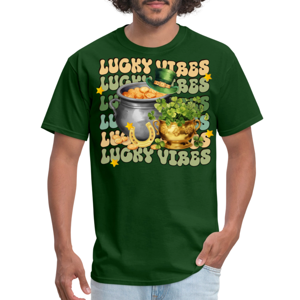 Retro-style St Patrick's Day Lucky Vibes T-shirt - forest green