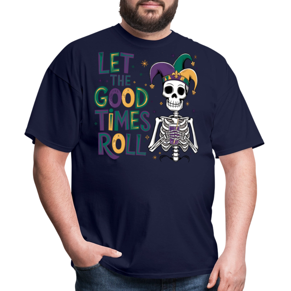 Let the Good Times Roll Mardi Gras Tee Funny Skeleton Jester Hat T-shirt - navy