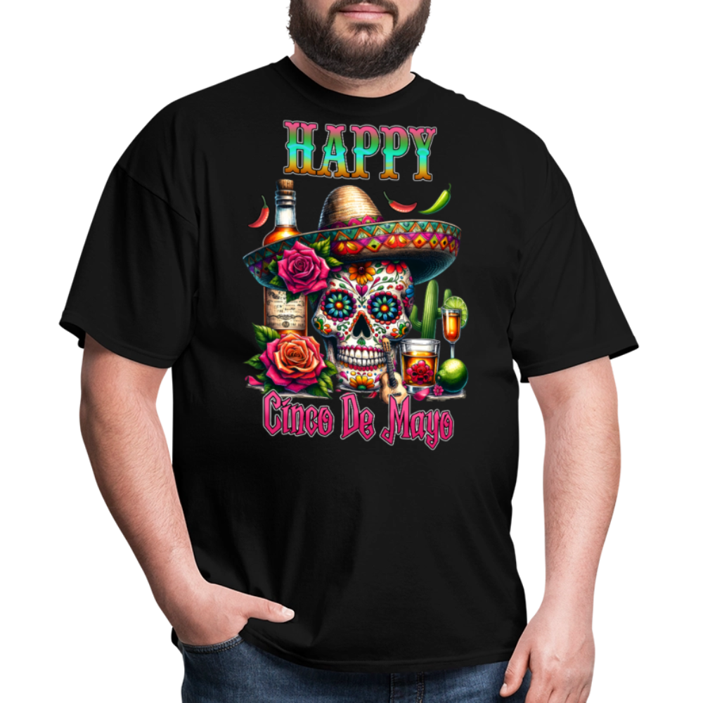 Mexican Fiesta Outfit With Skull And Roses Cinco de Mayo Skull T-shirt - black