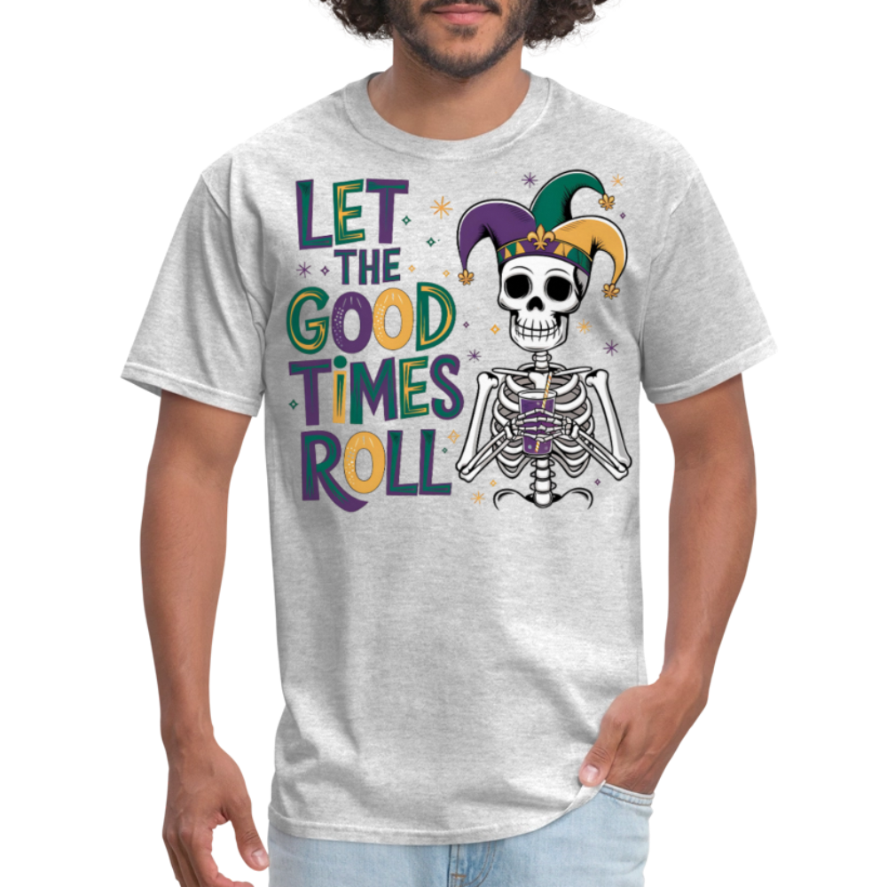 Let the Good Times Roll Mardi Gras Tee Funny Skeleton Jester Hat T-shirt - heather gray