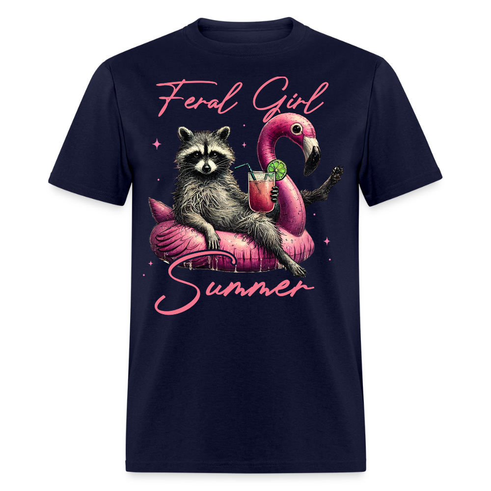 Feral Girl Summer Funny Raccoon T-shirt - navy