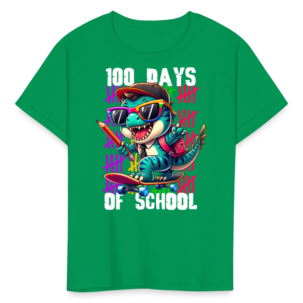 Dinosaur 100th day of school Tee Skater Dinosaur Kids School T-shirt - kelly green