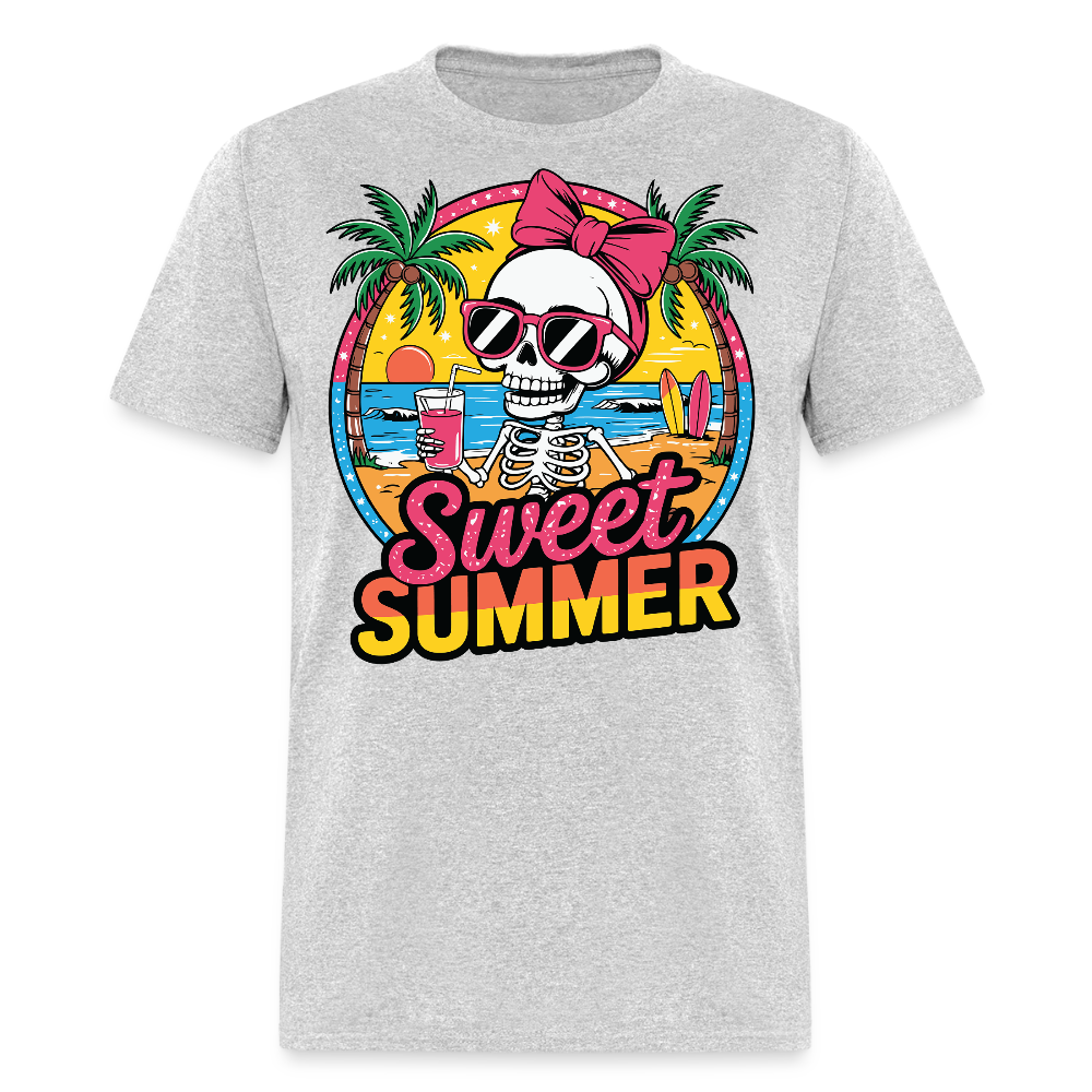 Skeleton Wearing Bow Summer Cocktail Beach T-shirt - heather gray