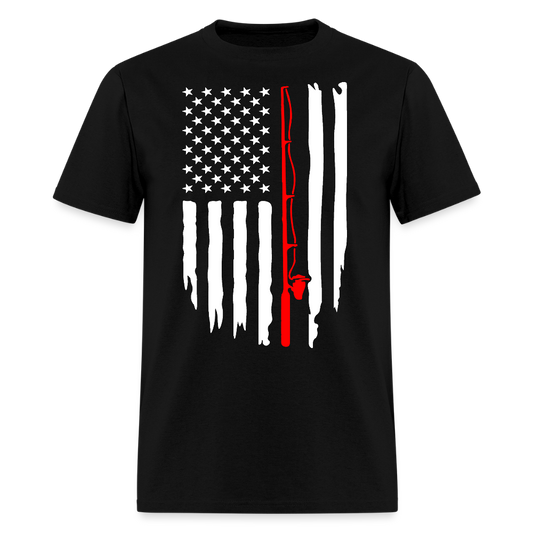 American Flag Fishing Rod Patriotic Fisherman T-Shirt - black