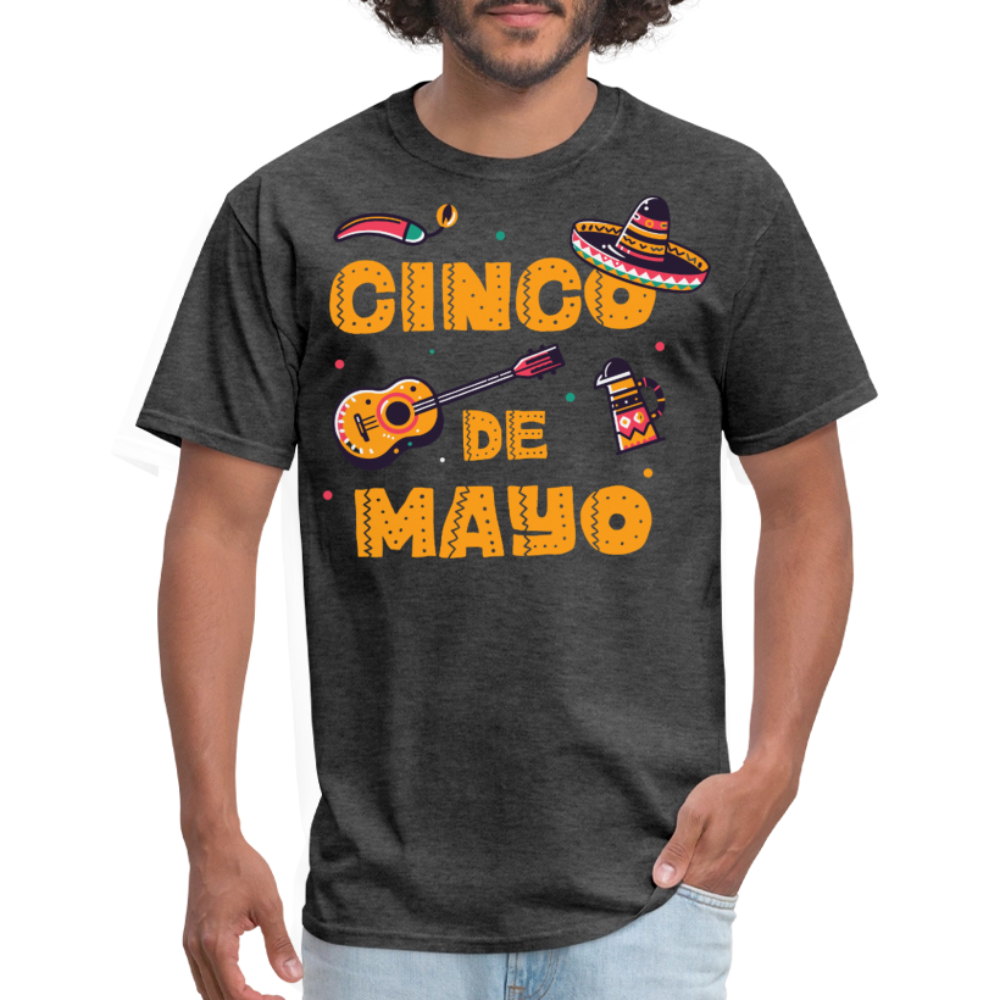 Mexican Fiesta Tee With Guitar And Sombrero Funny Cinco de Mayo T-shirt - heather black