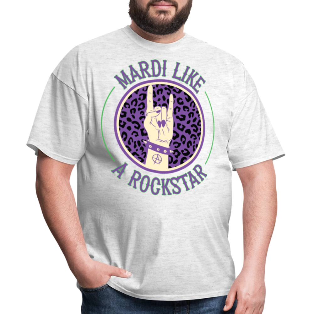 Leopard Print Rock Hand Gesture Tee Mardi Gras Rockstar T-shirt - light heather gray