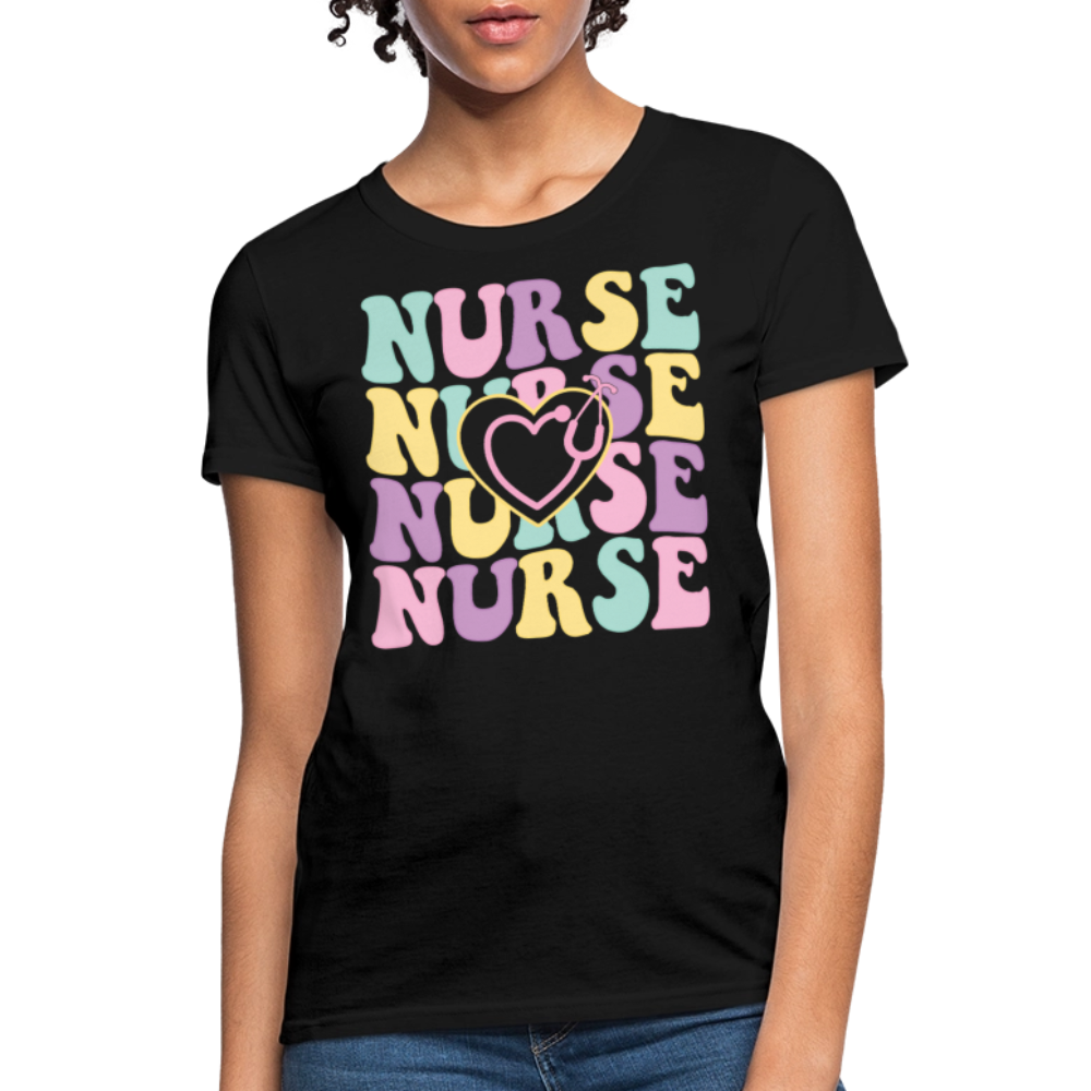 Groovy Retro Heart Stethoscope Nurse T-Shirt - black