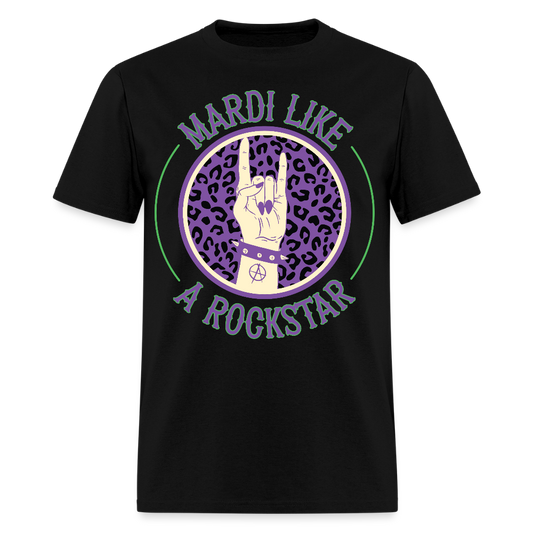 Leopard Print Rock Hand Gesture Tee Mardi Gras Rockstar T-shirt - black